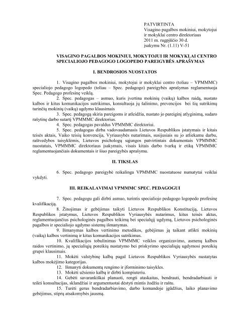 pareigybės aprašymas - Visagino pagalbos mokiniui, mokytojui ir ...