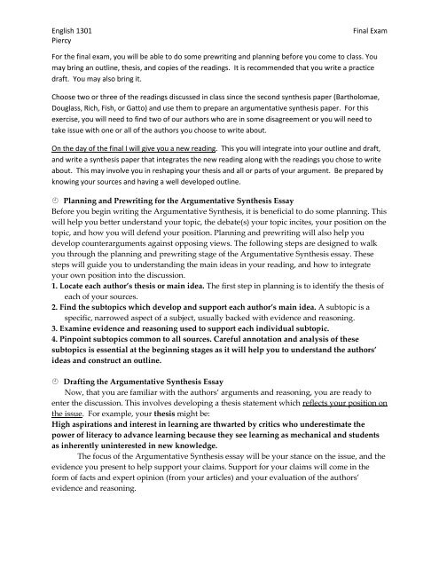 English 1301 Final Exam Piercy For the final exam, you will be able ...