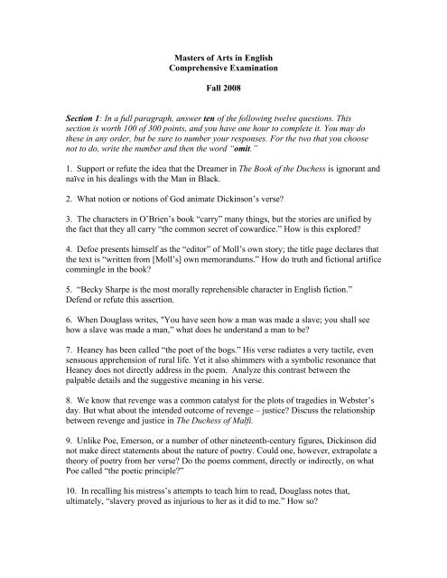 Masters Of Arts In English Comprehensive Examination Fall - 