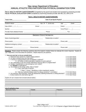 NJ Athletic Pre-Participation Physical Examination Form