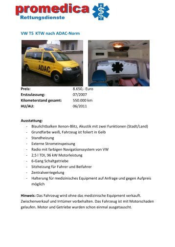 VW T5 KTW nach Adac-Norm - Promedica Rettungsdienst
