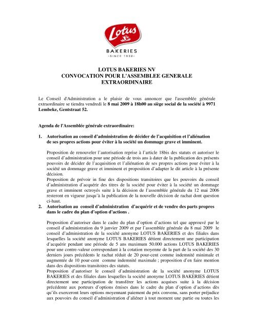 Lotus Bakeries Nv Convocation Pour L Assemblee Generale