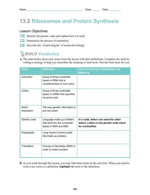 Protein Synthesis Chart