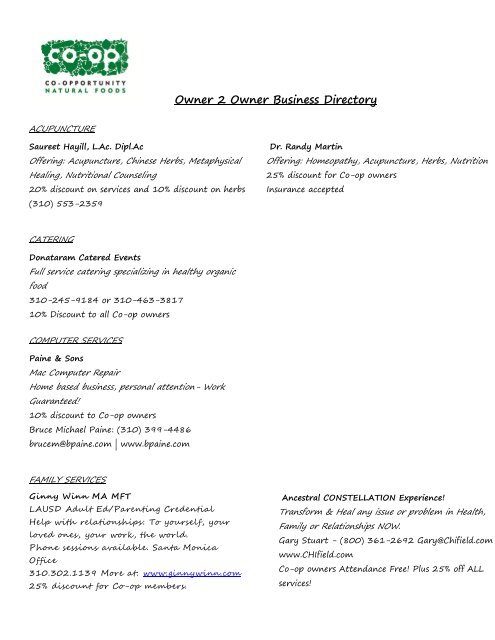 Owner 2 Owner Business Directory - Co-opportunity