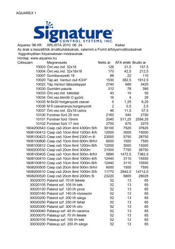 AQUAREX 1 Aquarex '96 Kft. ÃRLISTA 2010. 06. 24. Kisker Az Ã¡rak ...