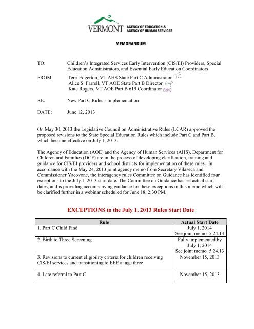 New Part C Rules Implementation Memo - Vermont Family Network