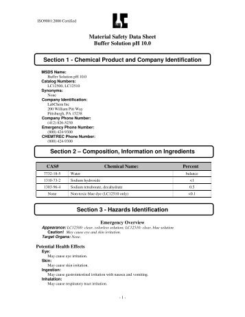 Material Safety Data Sheet Buffer Solution pH 10.0 ... - LabChem