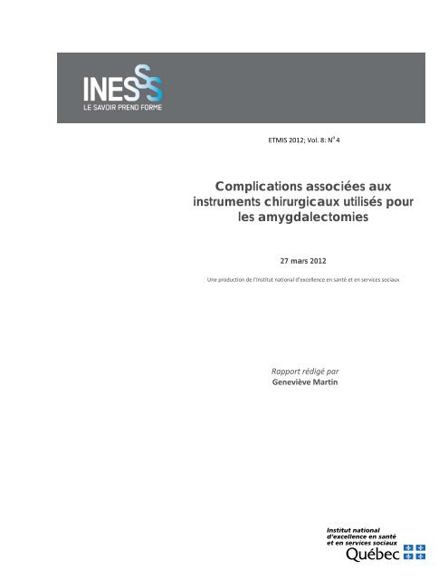 Complications associÃ©es aux instruments chirurgicaux ... - INESSS