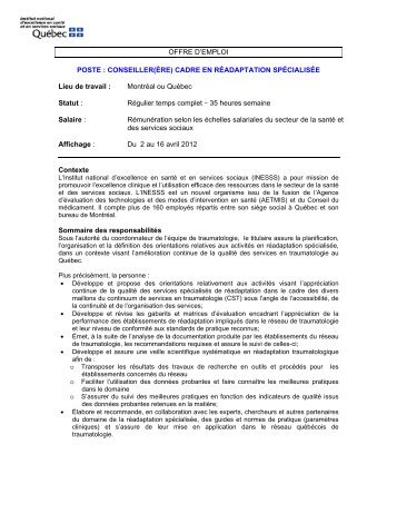 OFFRE D'EMPLOI POSTE : CONSEILLER(ÃRE) CADRE ... - INESSS