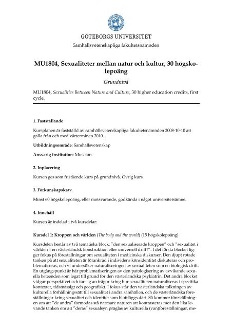 MU1804, Sexualiteter mellan natur och kultur, 30 hÃ¶gsko- lepoÃ¤ng