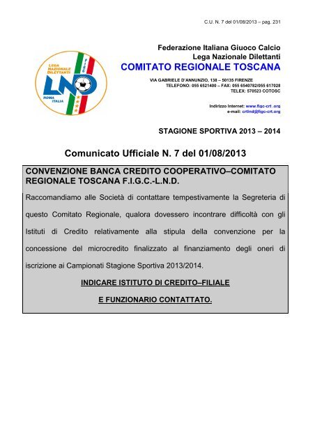 Comunicato Ufficiale N. 7 del 01/08/2013 COMITATO ... - Figc