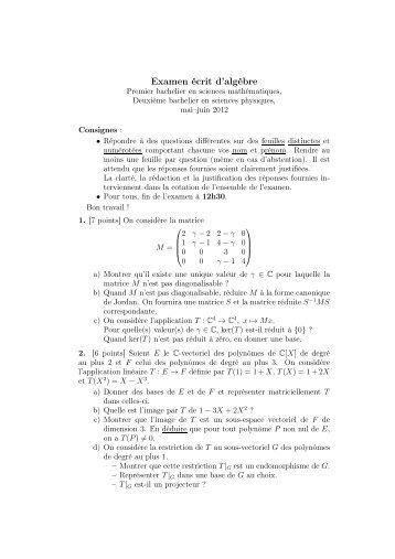 Examen écrit d'algèbre