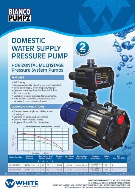 domestic water supply pressure pump - Bianco Pumpz