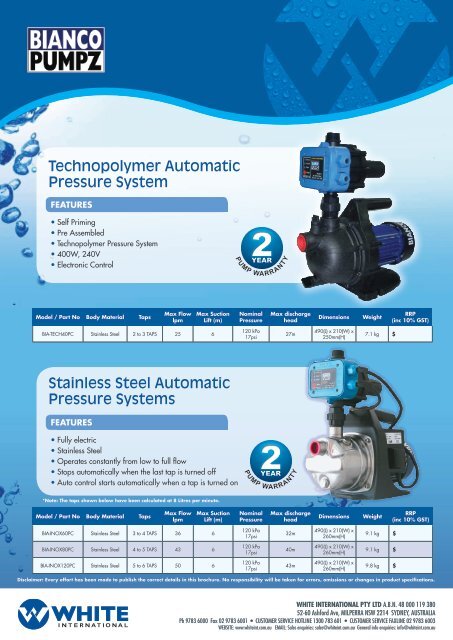 domestic water supply pressure pump - Bianco Pumpz