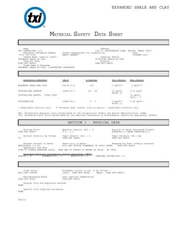 EXPANDED SHALE AND CLAY MATERIAL SAFETY DATA SHEET