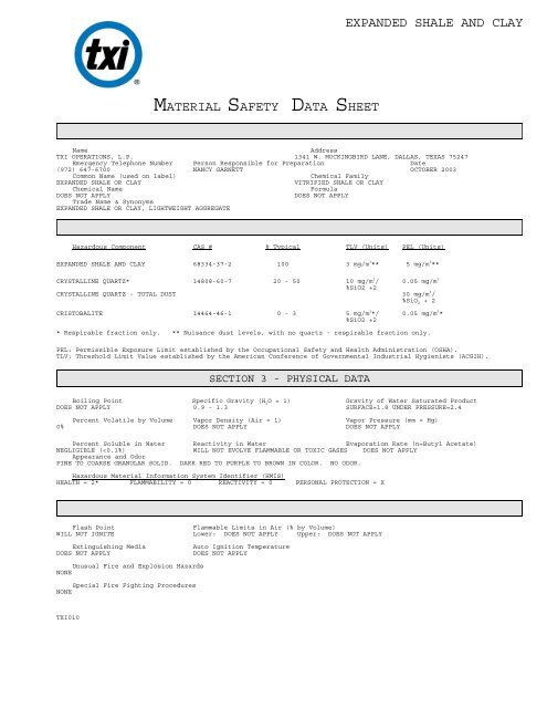 EXPANDED SHALE AND CLAY MATERIAL SAFETY DATA SHEET