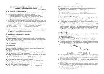 Subjects: VP-internal subjects, passive and unaccusative verbs ...