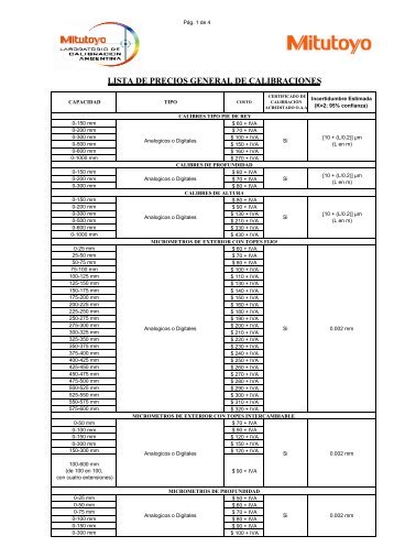 Lista de Precios de Calibraciones 2010 (VERSION 1-2) - Mitutoyo