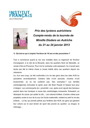 Compte rendu de tournÃ©e Mireille Disdero - l'Institut franÃ§ais de ...