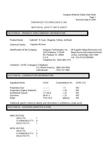 MSDS SubliJet-R Inks - Mega Electronics