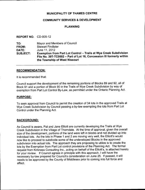 Report No. CD-005-12, exemption from Part Lot Control, Trails at ...