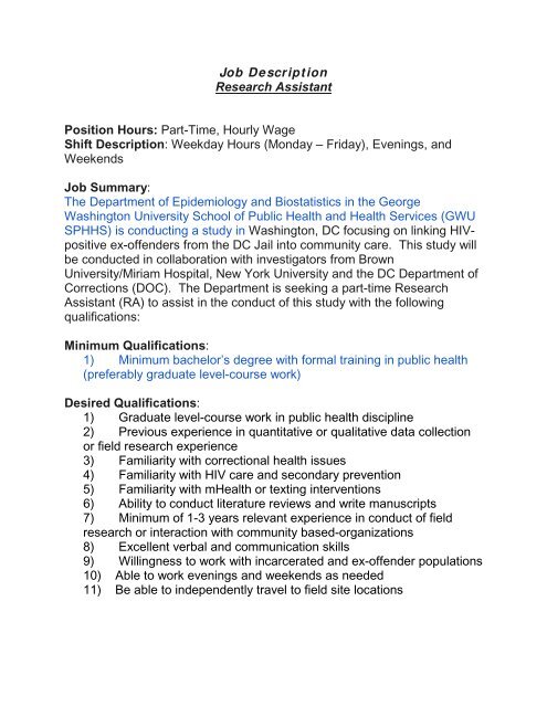 Job Description Research Assistant Position Hours Part Time