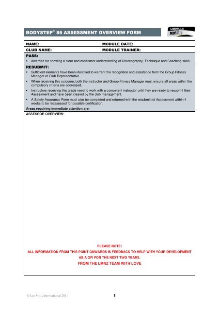 BODYSTEP 86 ASSESSMENT OVERVIEW FORM - Les Mills