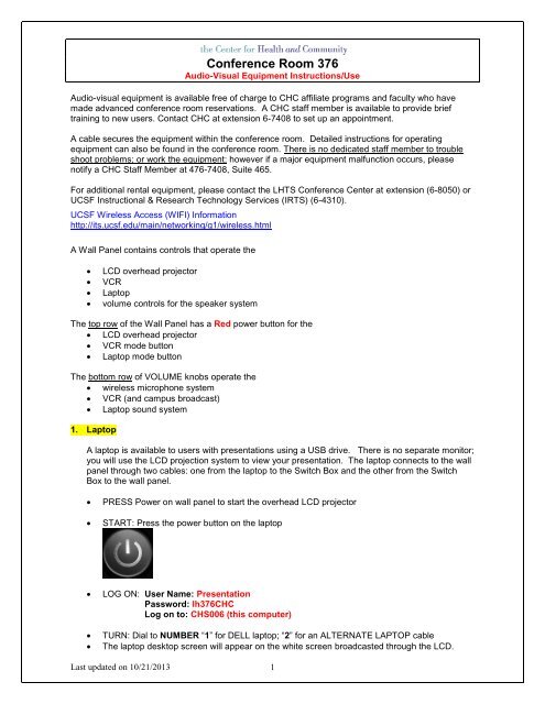 Audio Visual Equipment Instructions