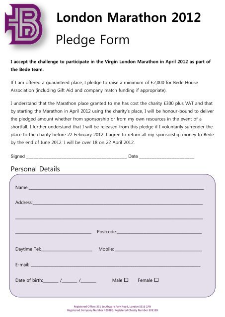 London Marathon 2012 Pledge Form