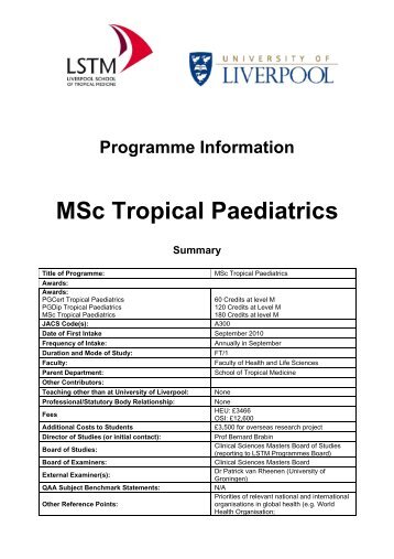 MSc Tropical Paediatrics - Liverpool School of Tropical Medicine
