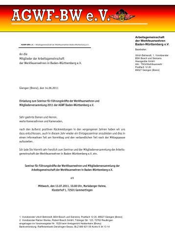 An die Mitglieder der Arbeitsgemeinschaft der Werkfeuerwehren in ...