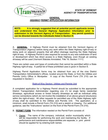 General Highway Permit Application Info - Vermont AOT Program ...