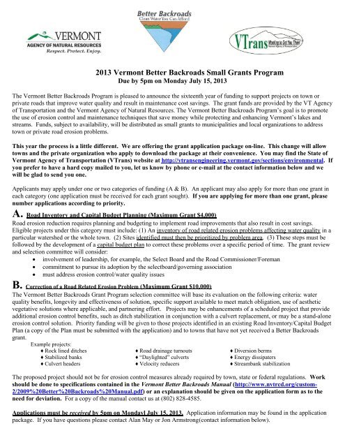 2013 Grant Application Cover Letter with Application - Vermont AOT ...