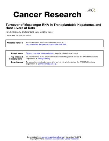 Turnover of Messenger RNA in Transplantable ... - Cancer Research