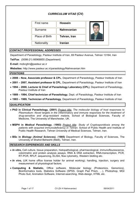 CURRICULUM VITAE (CV) First name Hossein Surname ...