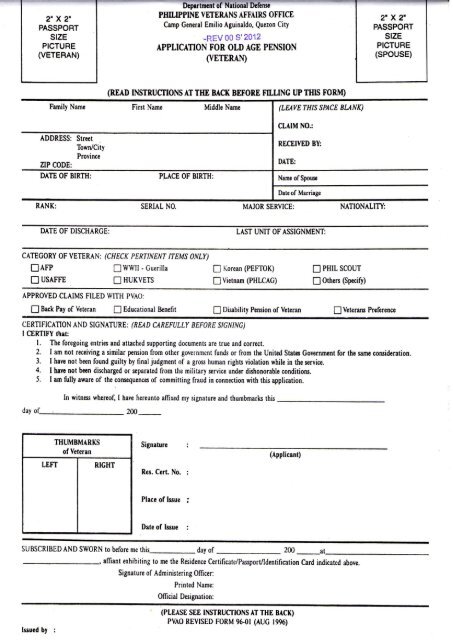 OLD AGE PENSION VETERAN Application Form Philippine 