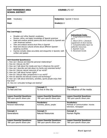 Spanish 5 Curriculum VOCABULARY - East Pennsboro Area School ...