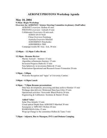 AERONET/PHOTONS Workshop Agenda May 10, 2004