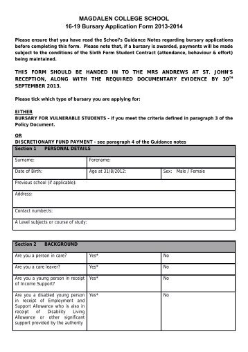 Sixth Form Bursary application form - Magdalen College School