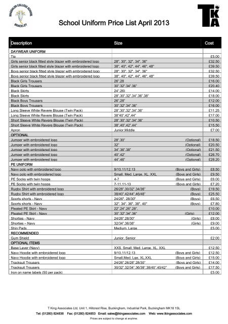 School Uniform Price List April 2013 - Magdalen College School