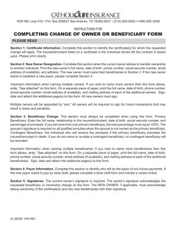 Change of Owner or Beneficiary Form - Catholic Life Insurance