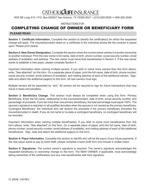 Change of Owner or Beneficiary Form - Catholic Life Insurance
