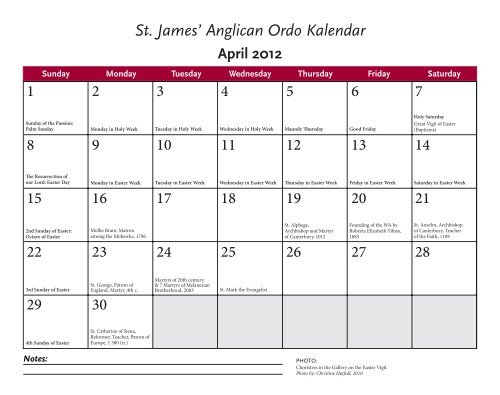 Ordo Kalendar for 2012 - St. James' Anglican Church