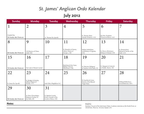 Ordo Kalendar for 2012 - St. James' Anglican Church