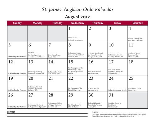 Ordo Kalendar for 2012 - St. James' Anglican Church