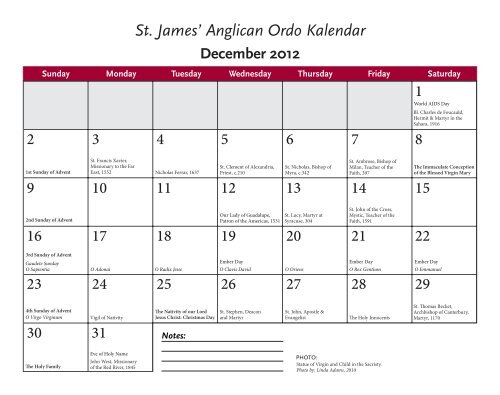 Ordo Kalendar for 2012 - St. James' Anglican Church