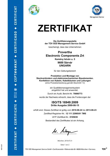 ZERTIFIKAT - PROVERTHA Connectors, Cables & Solutions GmbH