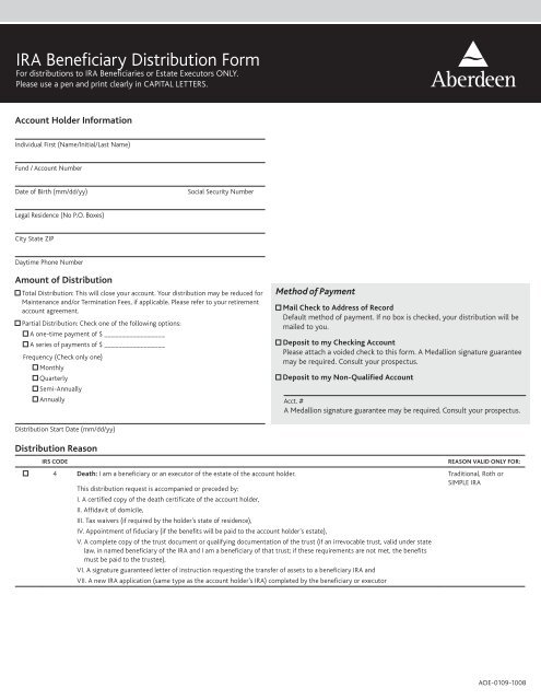 IRA Beneficiary Distribution Form - Aberdeen Asset Management
