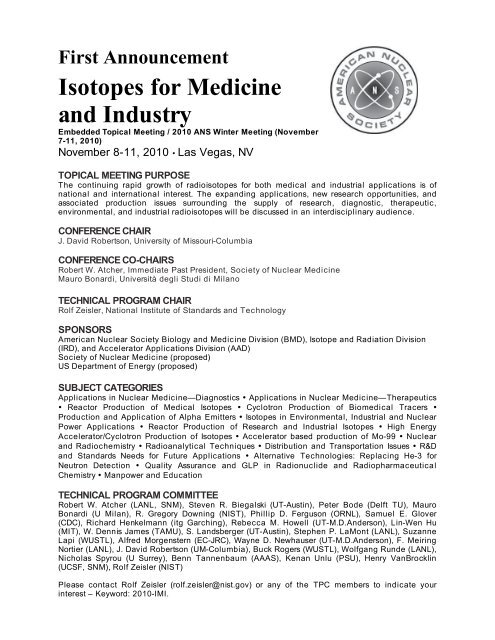First Announcement Isotopes for Medicine and Industry