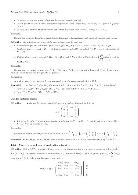 Licence M.A.S.S. Cours d'Alg`ebre S4 - samos-matisse